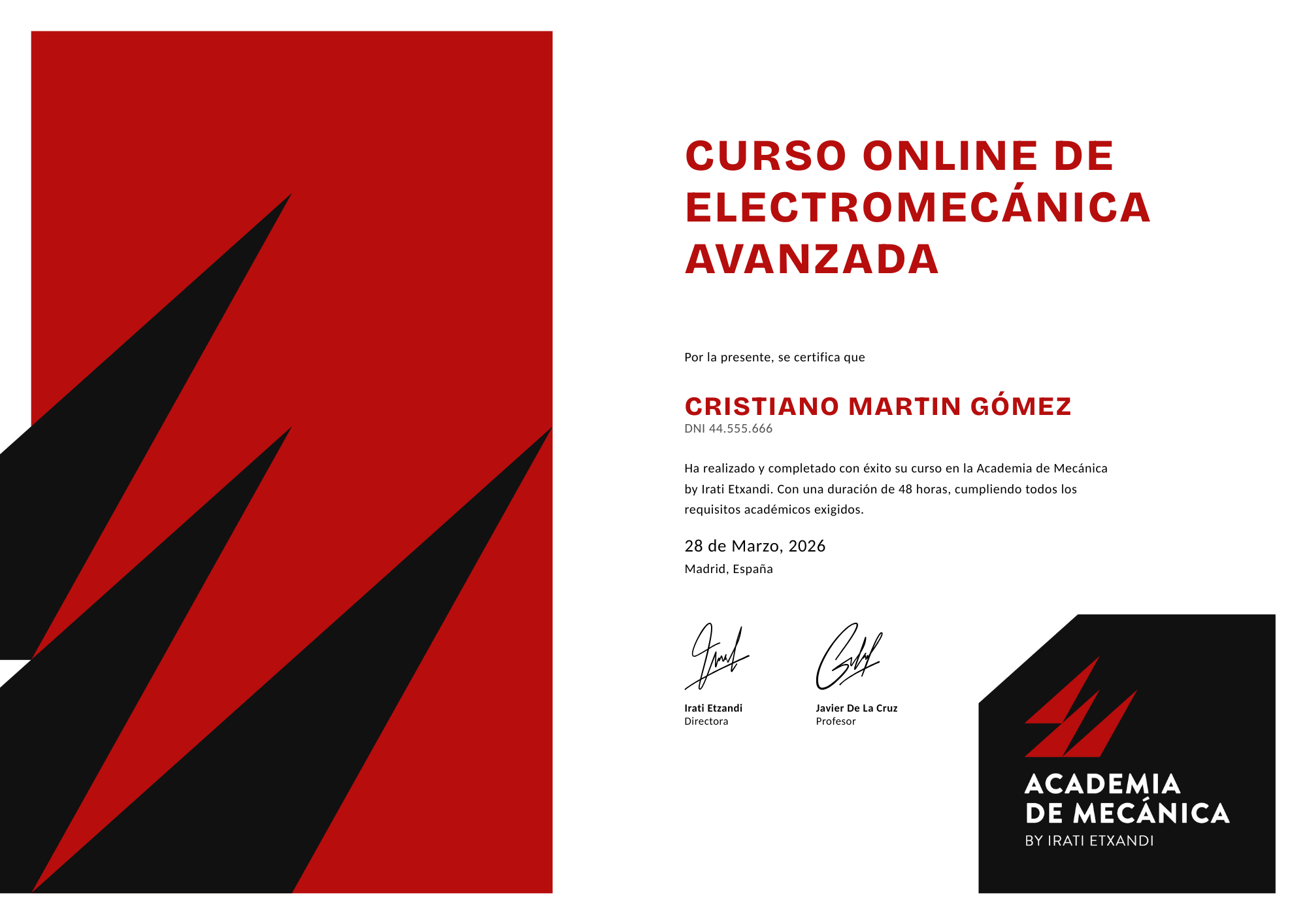 Ejemplo de Diploma Certificado emitido por la Academia de Mecánica by Irati Etxandi